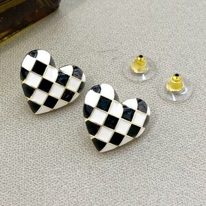 Black and White Checkered Heart Earrings